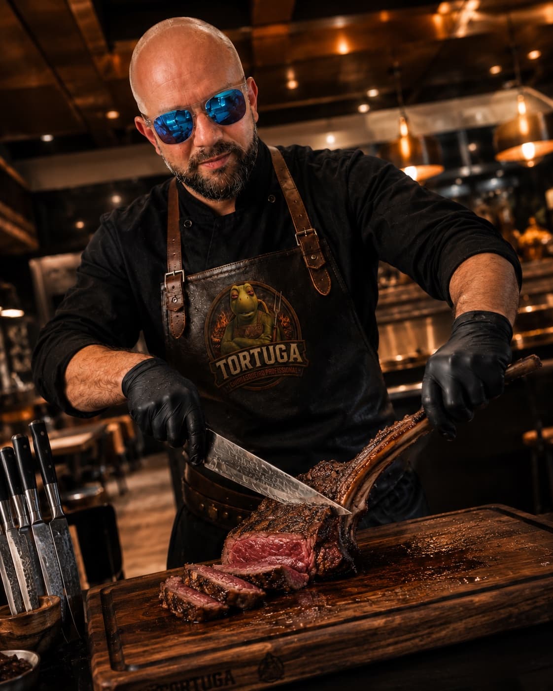 Tortuga fatiando um tomahawk na tábua