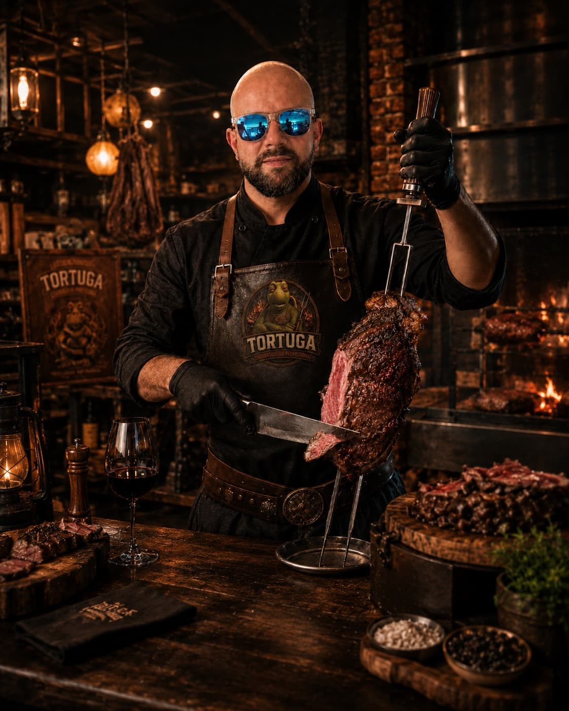 Tortuga fatiando picanha no balcão rústico, entre lampião e taça de vinho