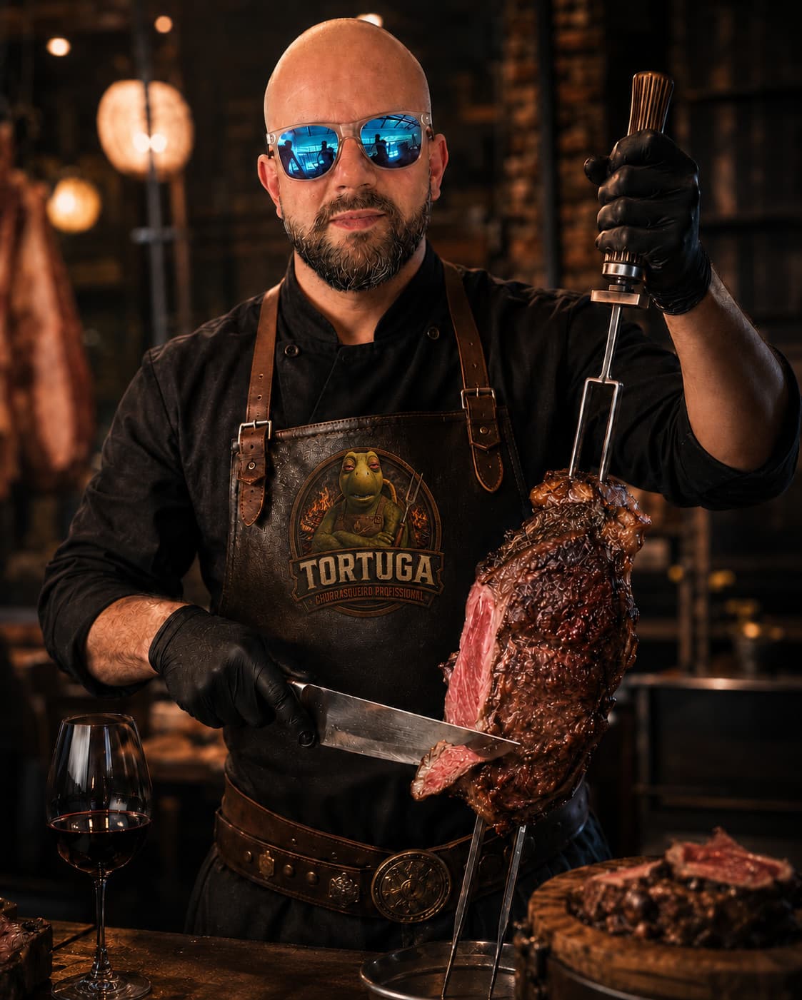 Tortuga de óculos espelhados e luvas pretas fatiando picanha no espeto